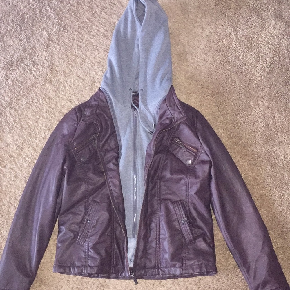 Maroon hooded leather jacket